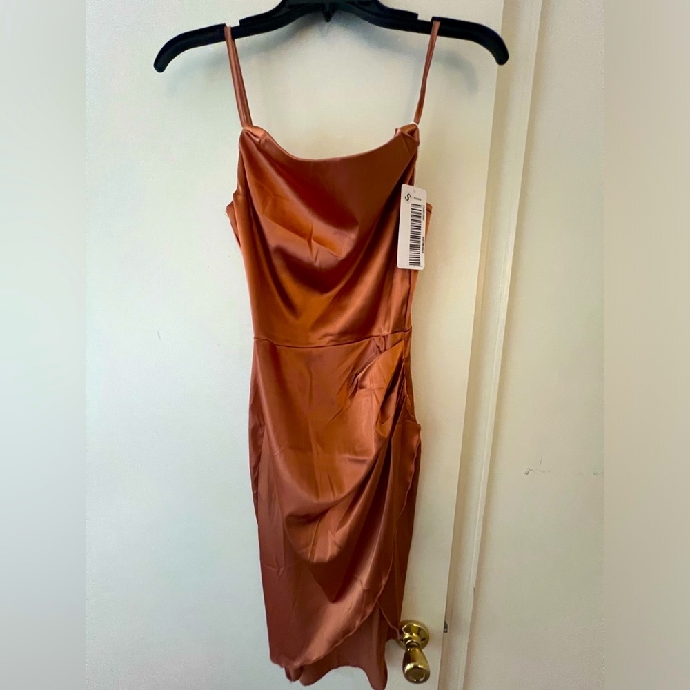 ZPITU satin draped spaghetti strap Small midi with sexy slit, rusty champagne